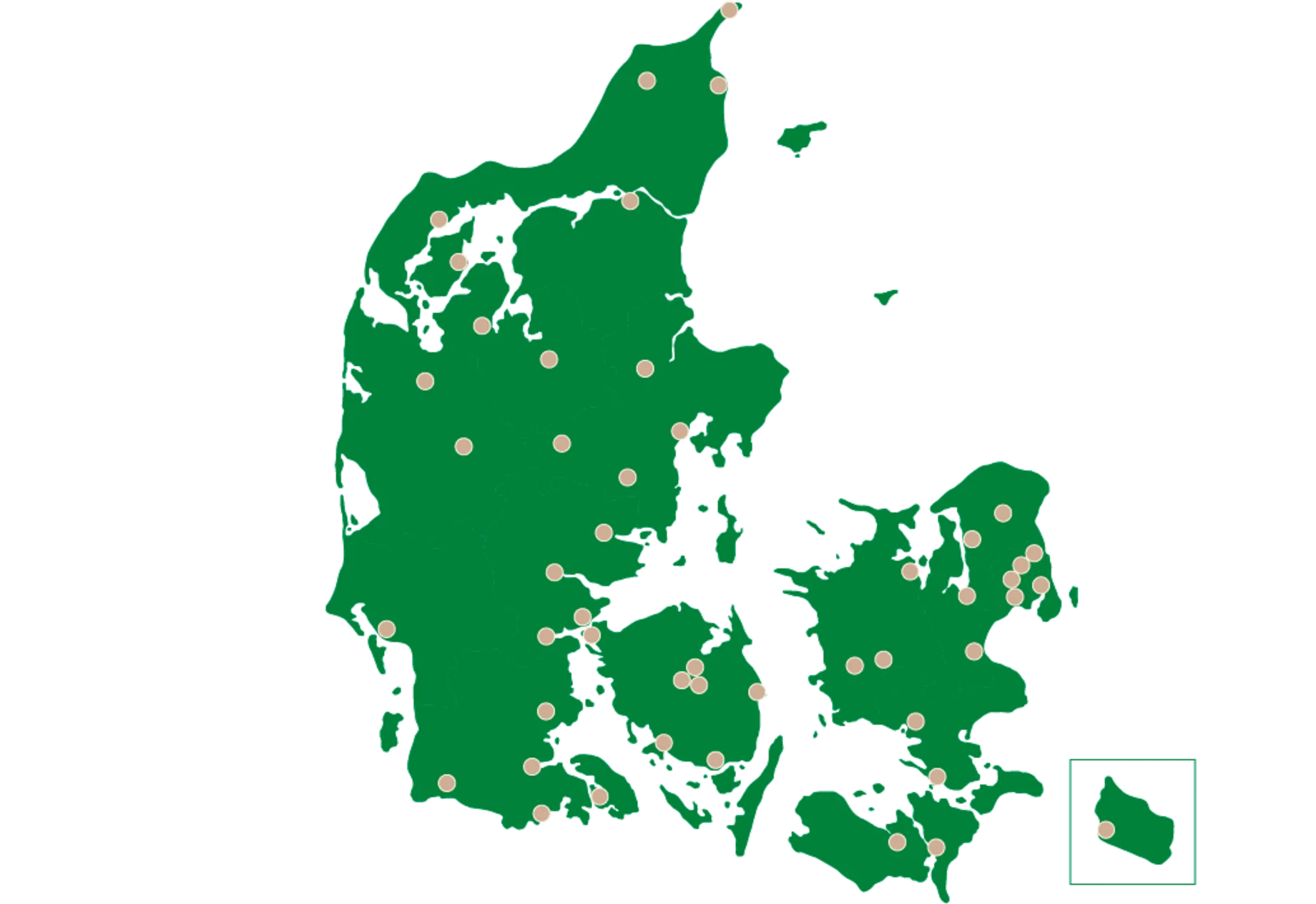 Geografisk kort over Danmark med prikker som afspejler GF klubber i Danmark