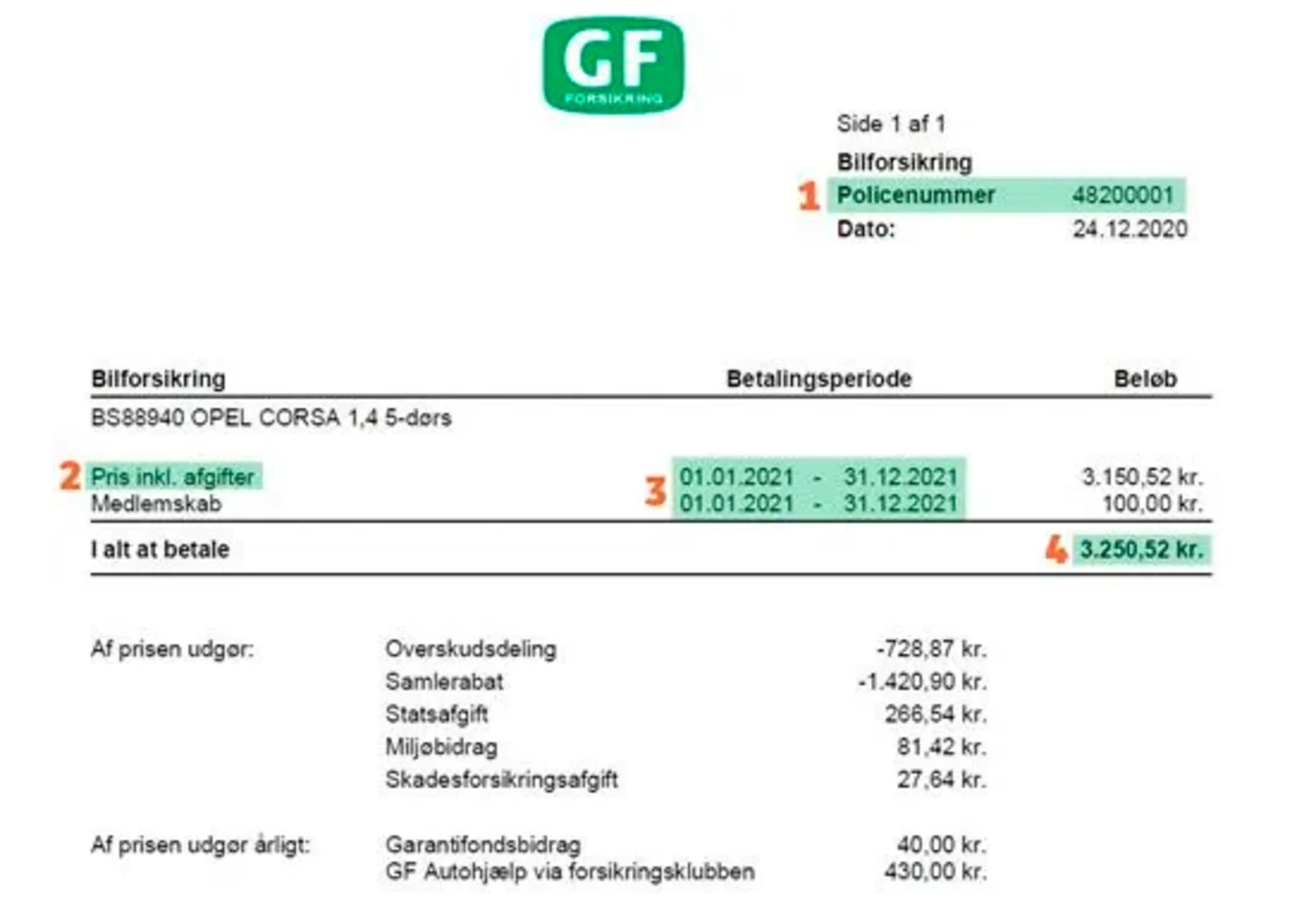 Et billede af et eksempel på en regning fra GF Forsikring