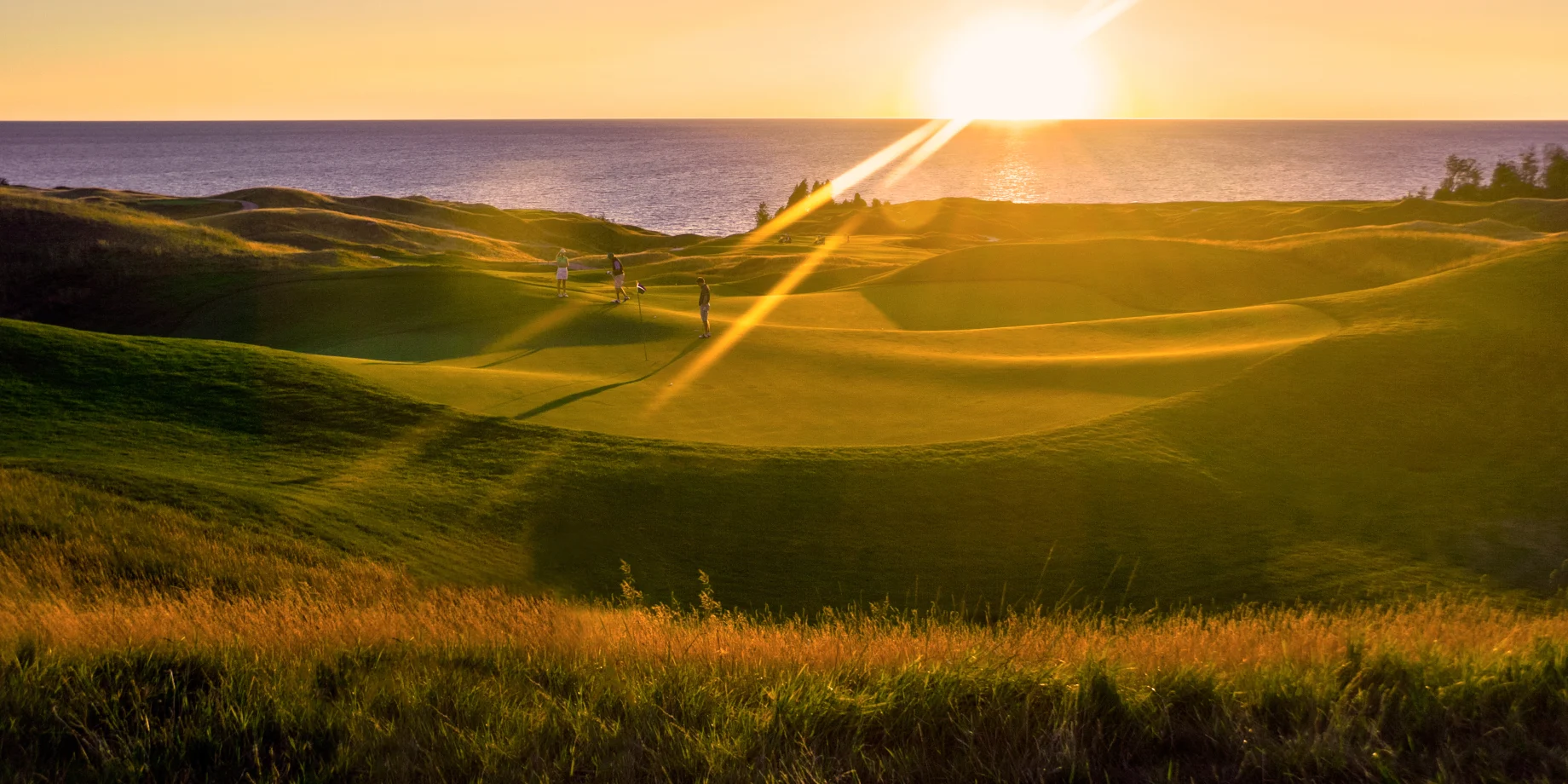 Golfbane med solnedgang