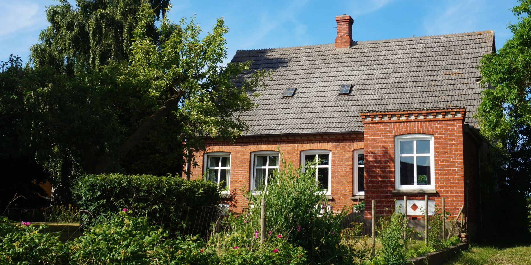 Hus med træer og blå himmel
