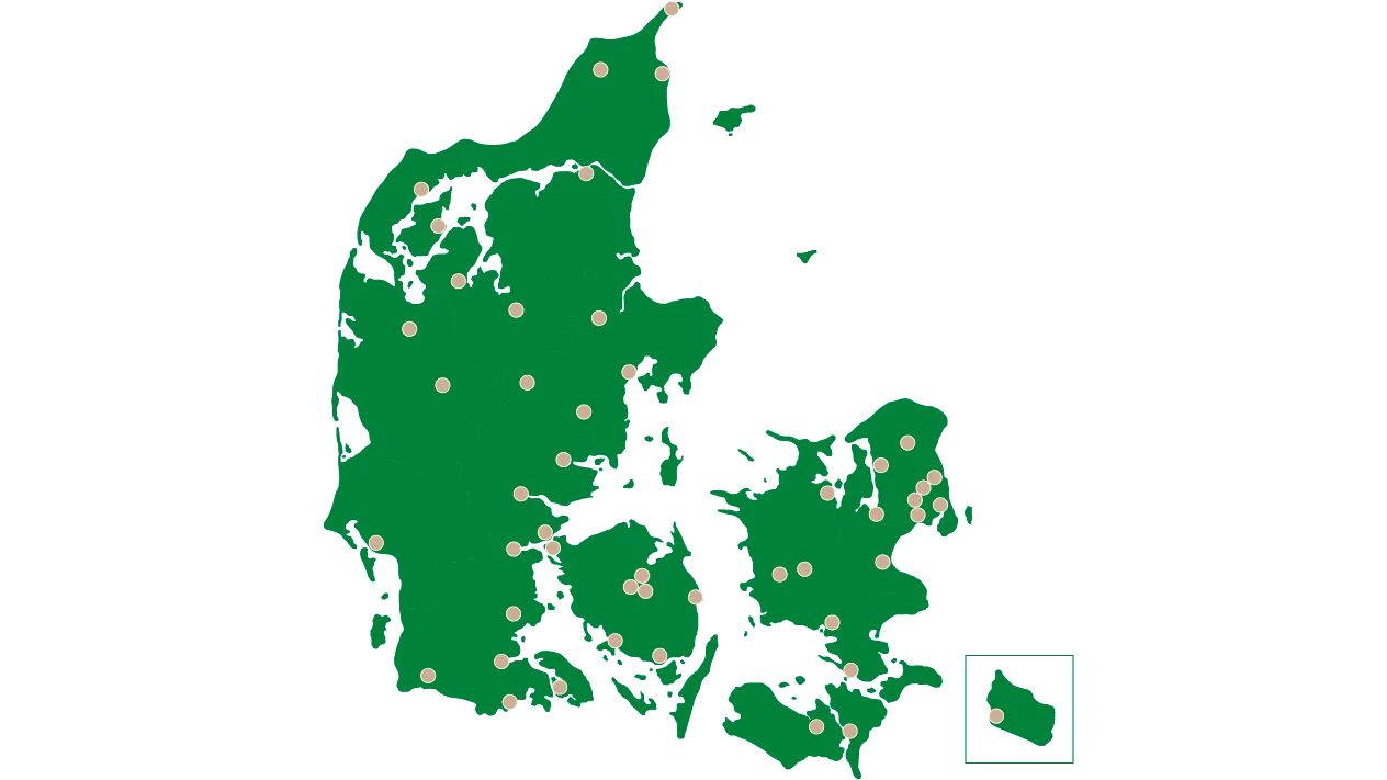 Geografisk kort over Danmark med prikker som afspejler GF klubber i Danmark
